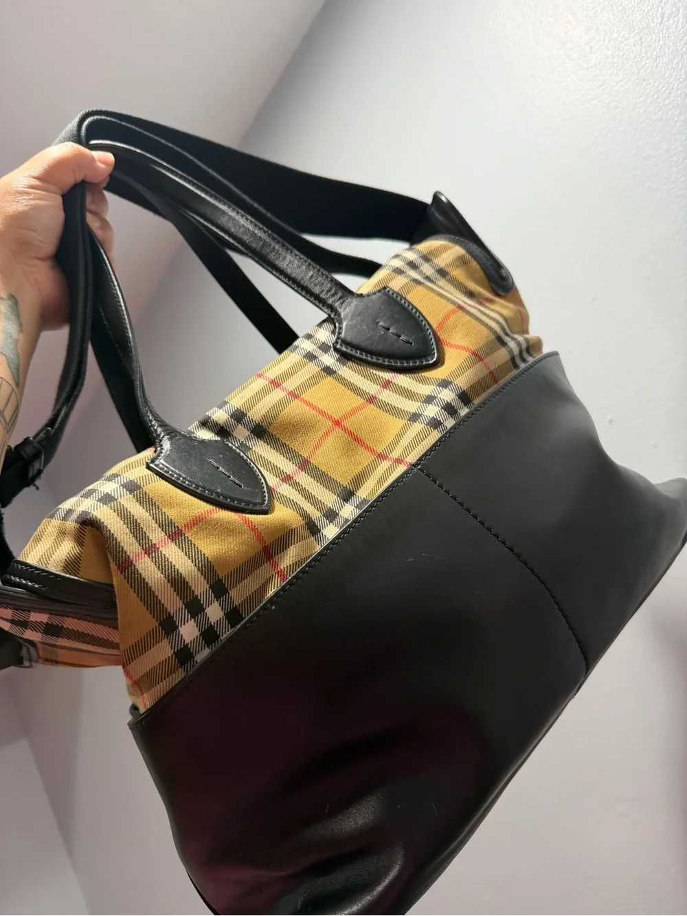 Burberry Black Leather and Beige Checked Duffel Bag